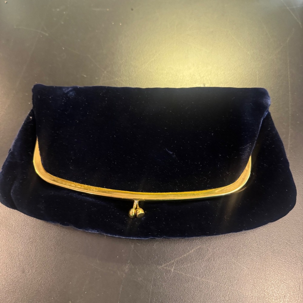 Garay Evening Bag Women Navy Blue Velvet Gold Kiss Lock Vintage Clutch